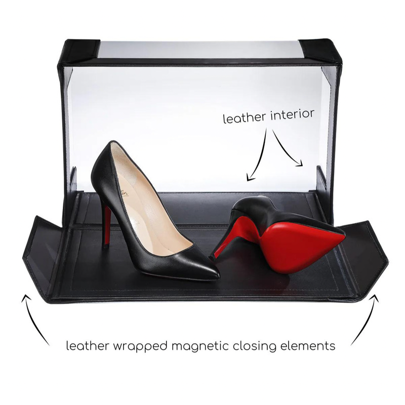LE_MARCS_Luxury_Magnetic_UV_Protection_Cover_Leather_Box_Open_Louboutin_High_Heels_Example_Pumps_Designer_Shoes_Clear_Display_Showcase_le-marcs.com